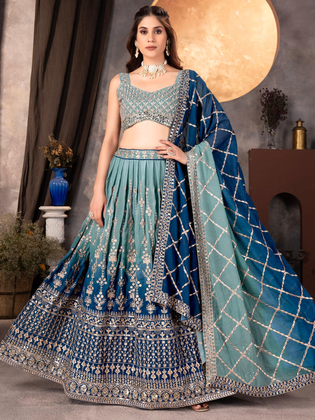 Dreamy Light Blue Sequins Georgette Wedding Wear Lehenga Choli With Dupatta