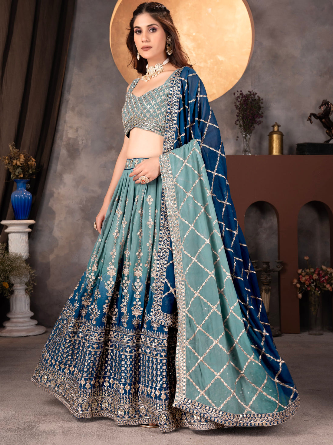 Dreamy Light Blue Sequins Georgette Wedding Wear Lehenga Choli With Dupatta