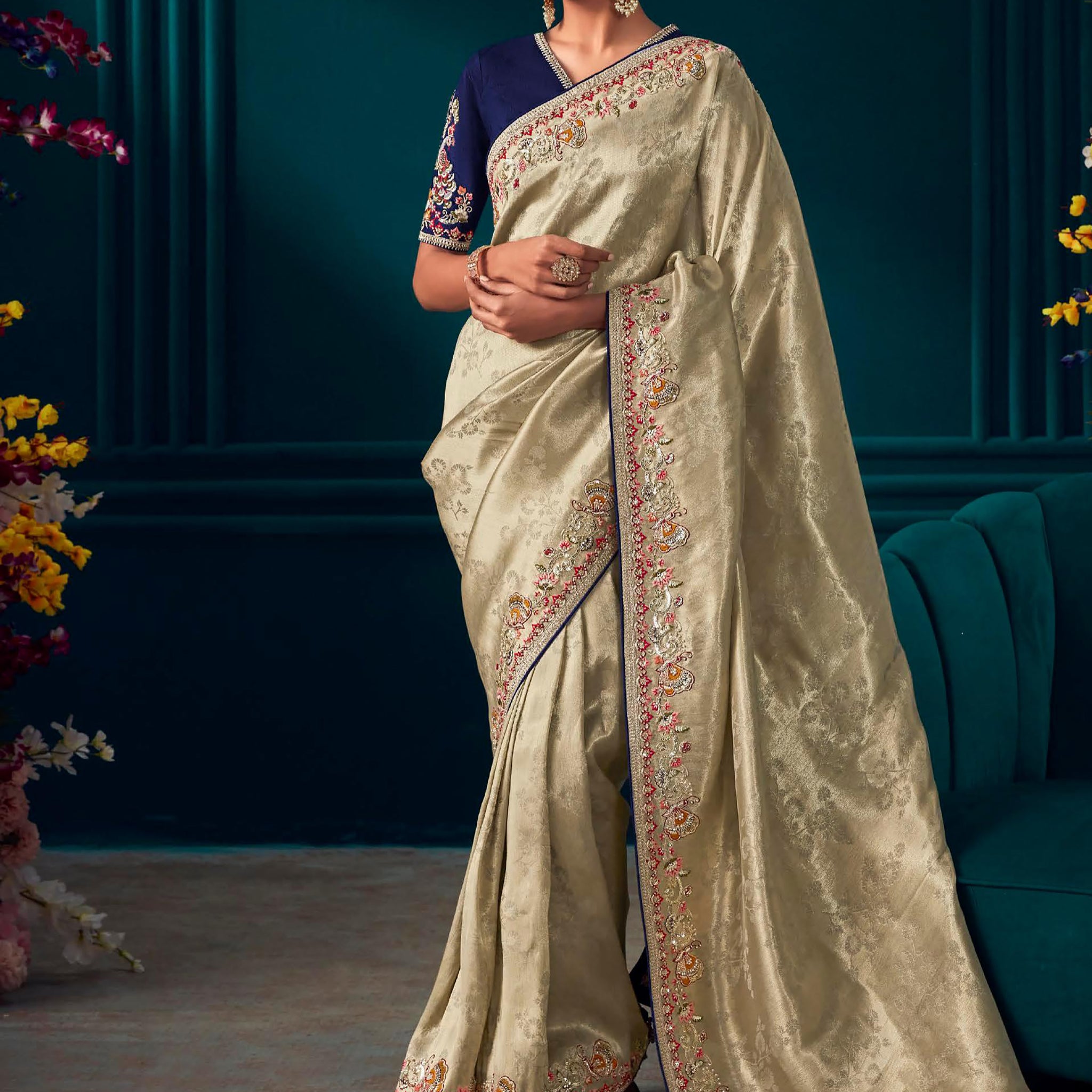 Fantastic Beige Embroidered Kanjivaram Silk Wedding Wear Saree