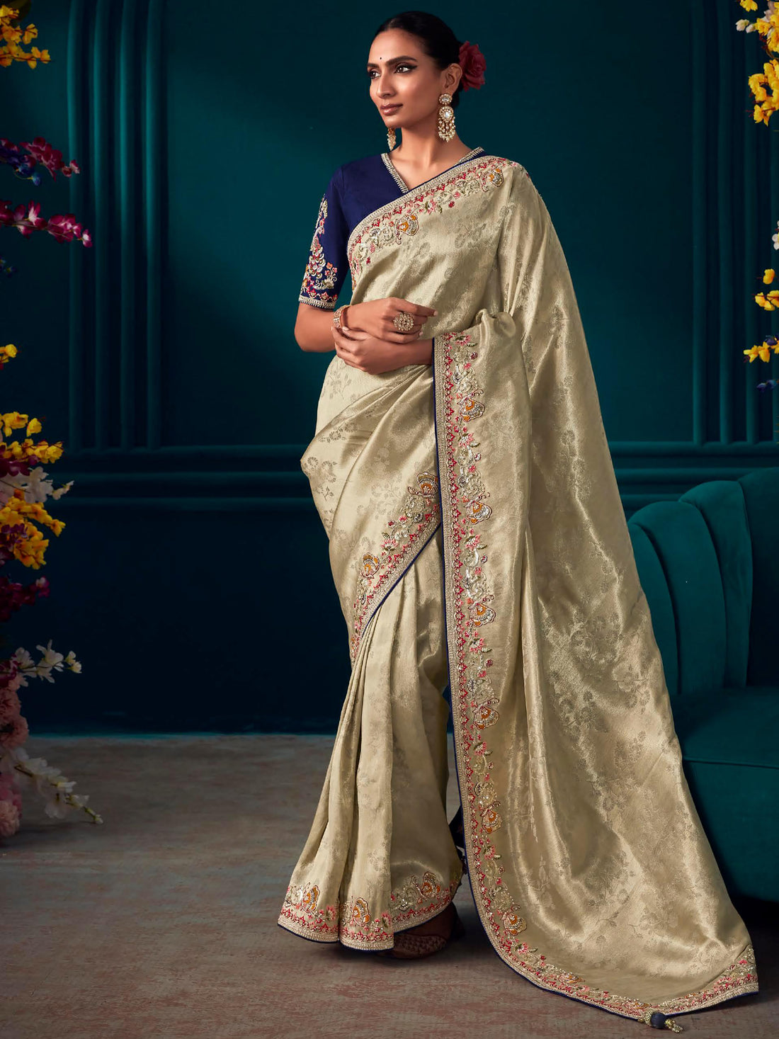 Fantastic Beige Embroidered Kanjivaram Silk Wedding Wear Saree