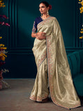 Fantastic Beige Embroidered Kanjivaram Silk Wedding Wear Saree