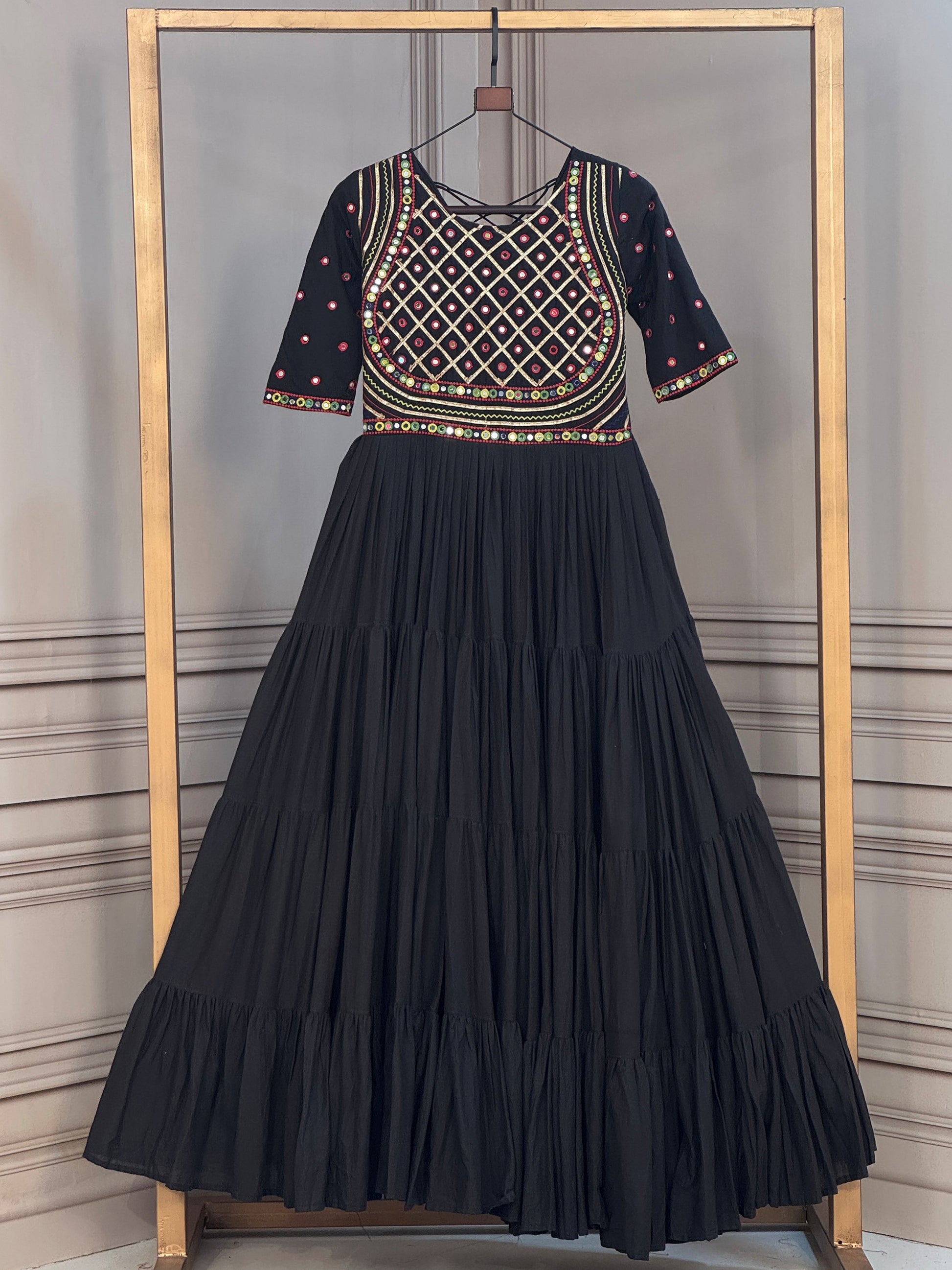 Elegant Black Multi Thread Work Cotton Navratri Wear Gown