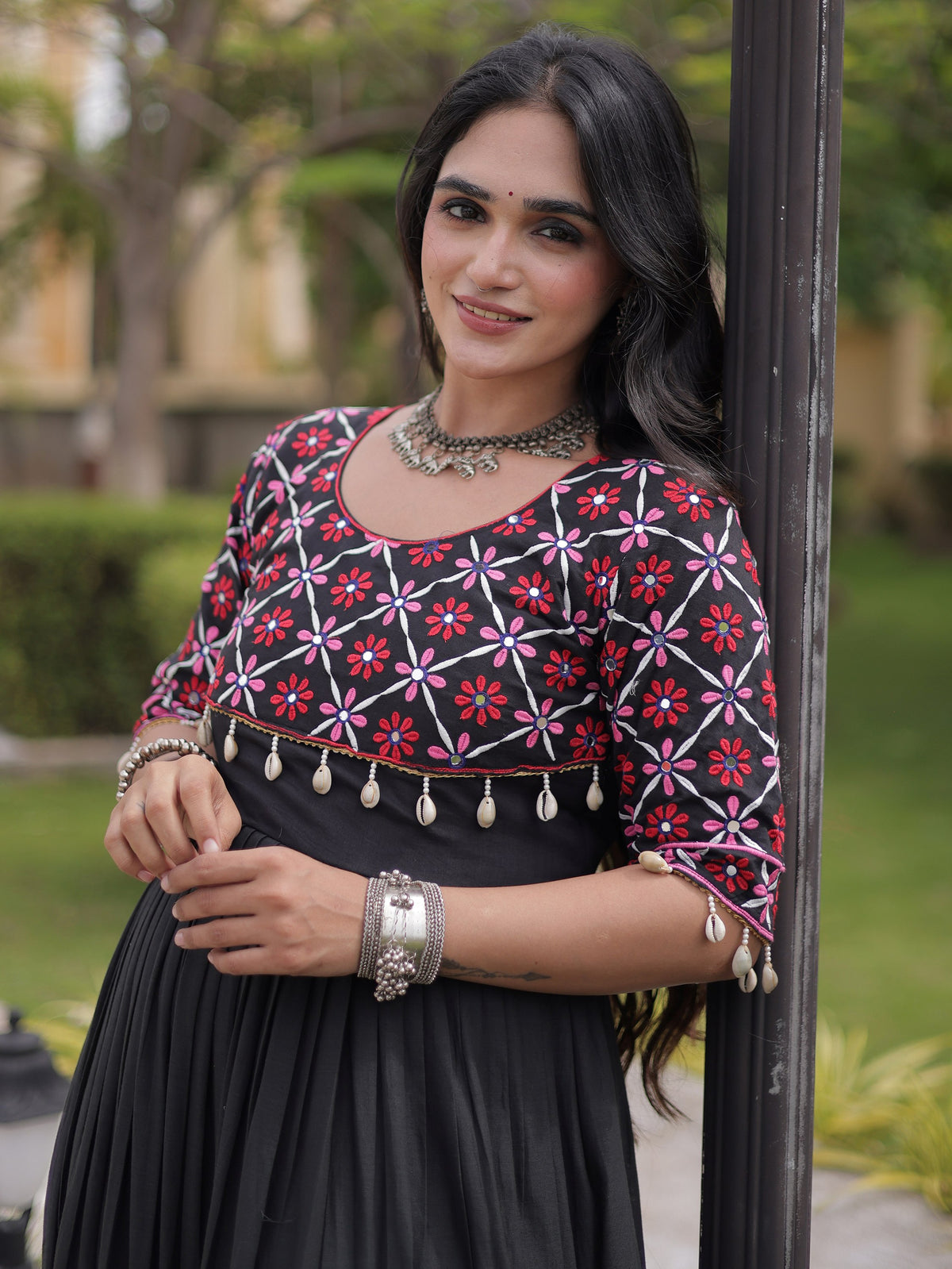 Sparkling Black Mirror Work Cotton Navratri Wear Gown