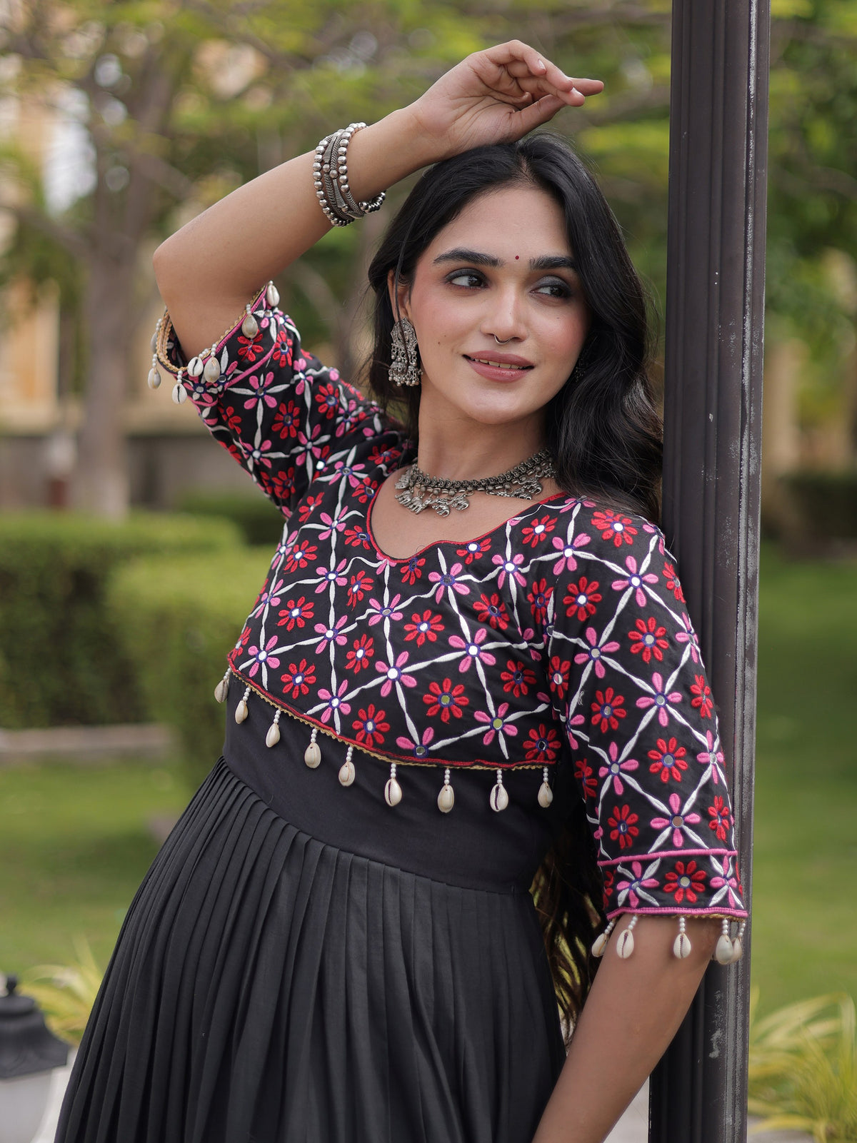 Sparkling Black Mirror Work Cotton Navratri Wear Gown