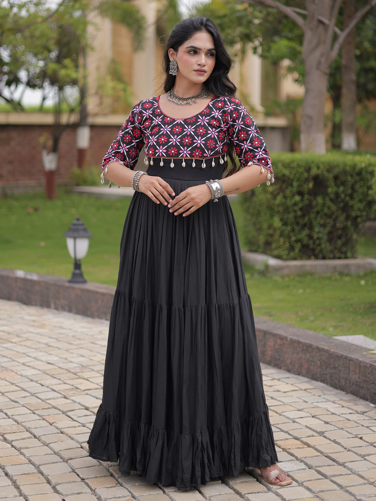 Sparkling Black Mirror Work Cotton Navratri Wear Gown