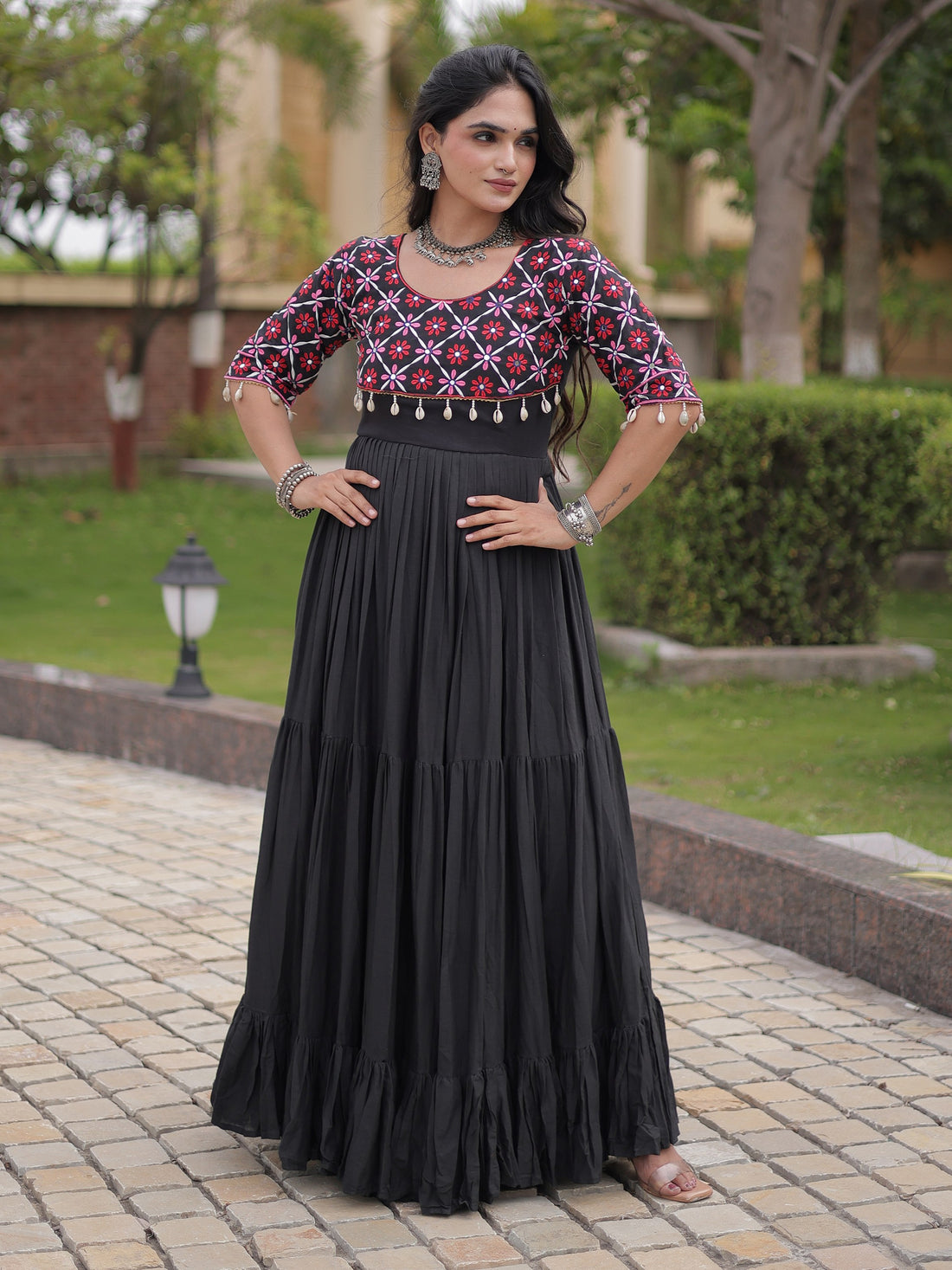 Sparkling Black Mirror Work Cotton Navratri Wear Gown