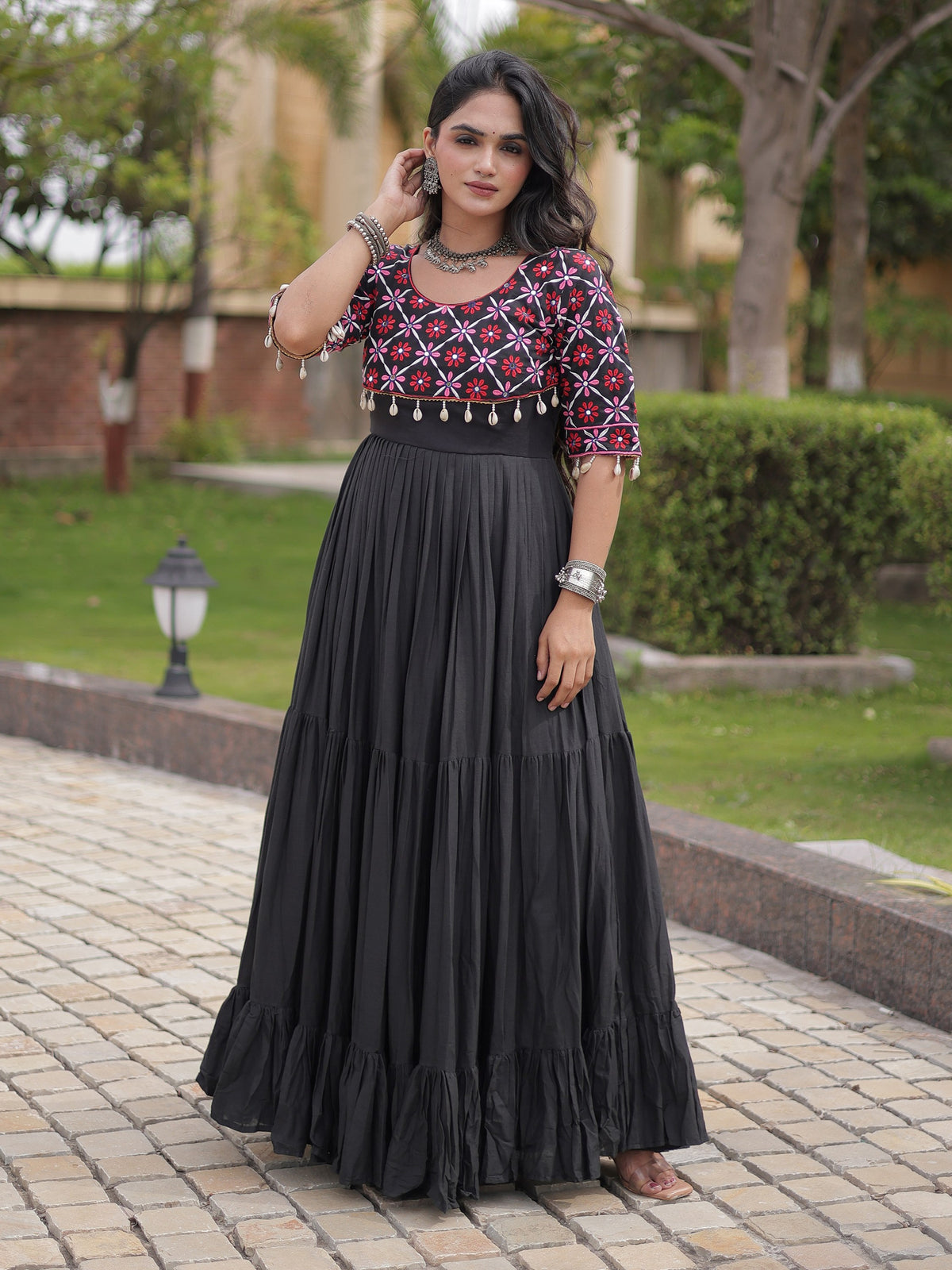 Sparkling Black Mirror Work Cotton Navratri Wear Gown