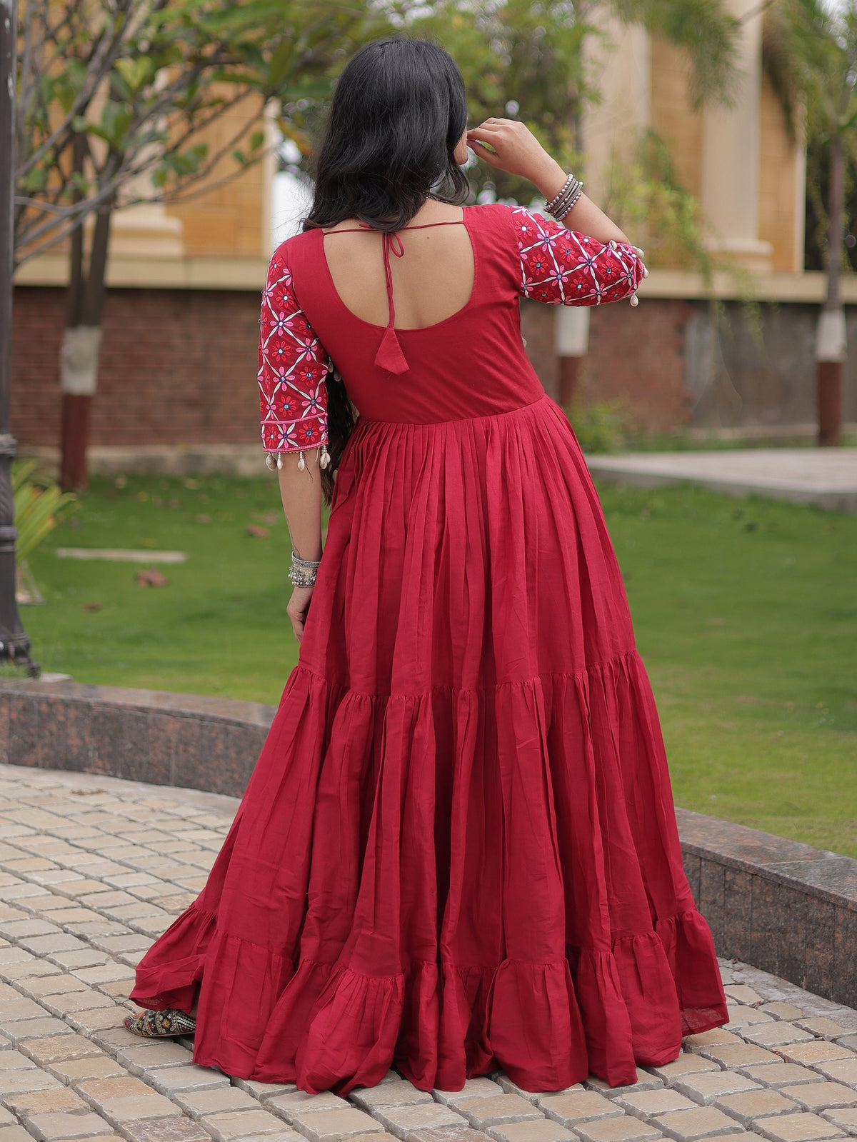 Rich Maroon Mirror Work Cotton Navratri Wear Gown