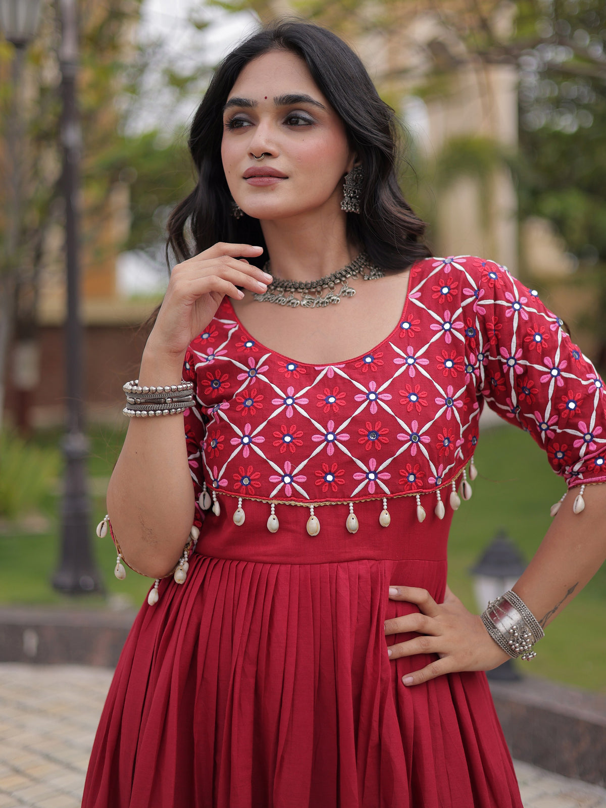 Rich Maroon Mirror Work Cotton Navratri Wear Gown