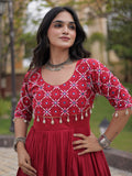 Rich Maroon Mirror Work Cotton Navratri Wear Gown