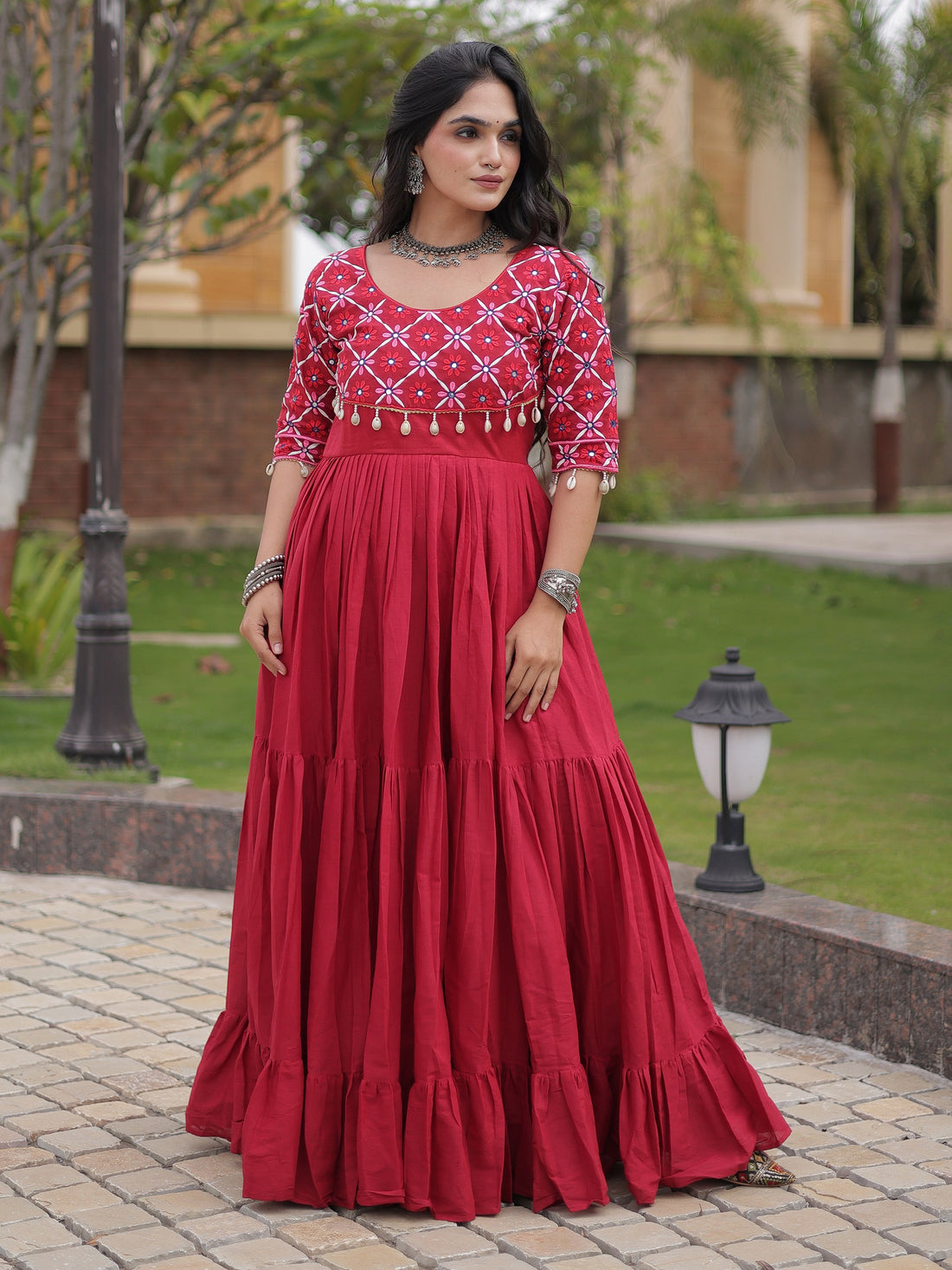 Rich Maroon Mirror Work Cotton Navratri Wear Gown