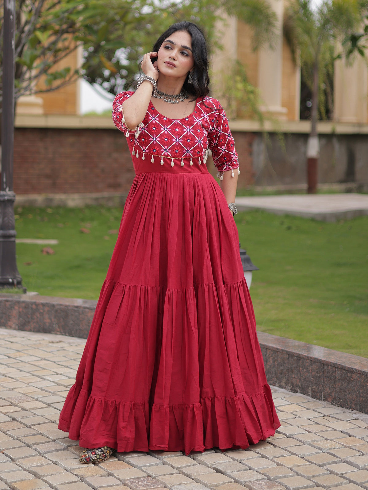 Rich Maroon Mirror Work Cotton Navratri Wear Gown