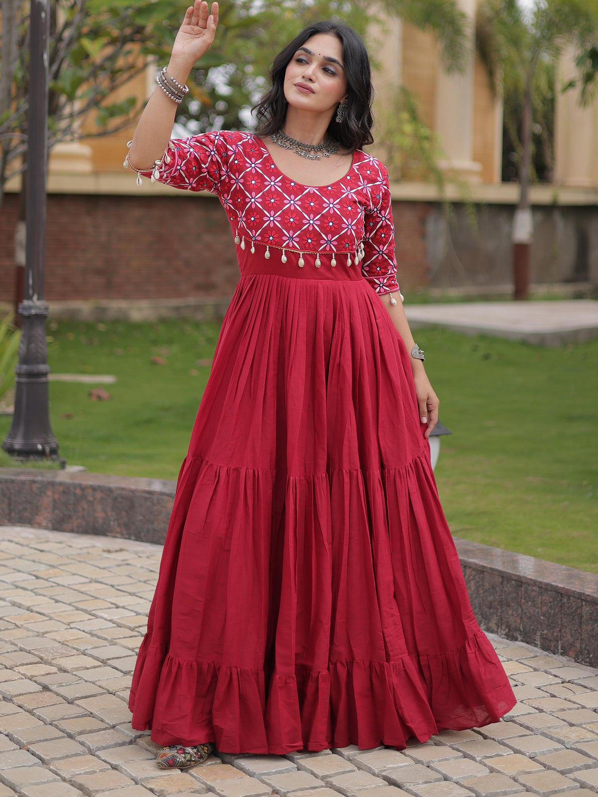 Rich Maroon Mirror Work Cotton Navratri Wear Gown