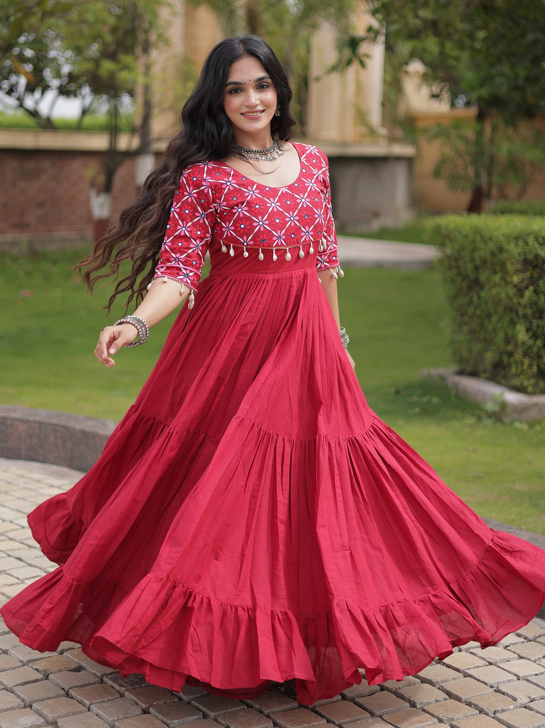 Rich Maroon Mirror Work Cotton Navratri Wear Gown