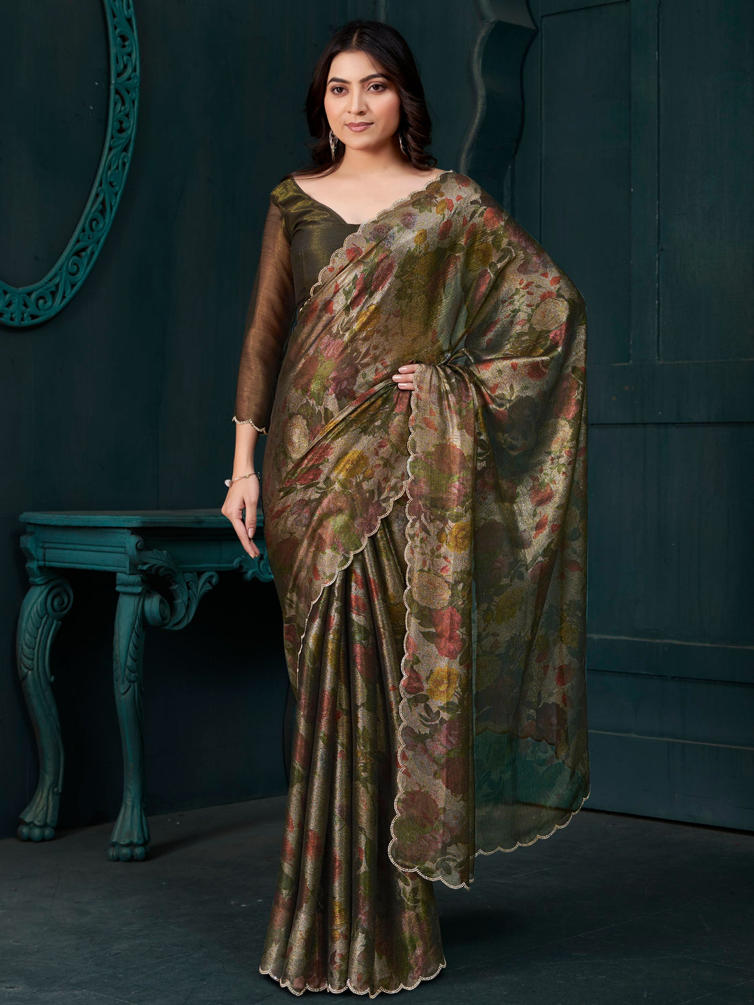 Stunning Olive Green Foil Work Silk Party Wear Saree With Blouse
