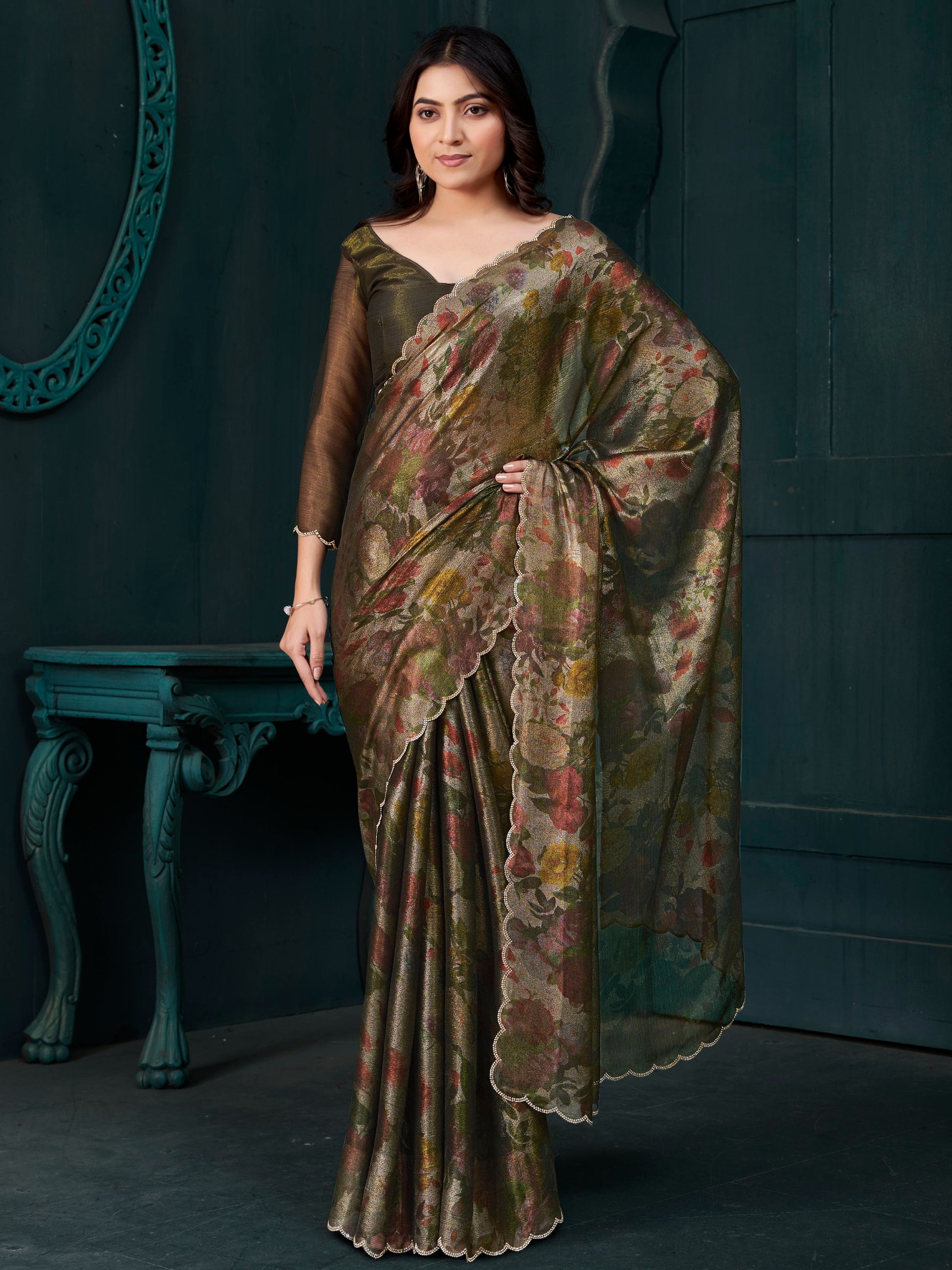 Stunning Olive Green Foil Work Silk Party Wear Saree With Blouse