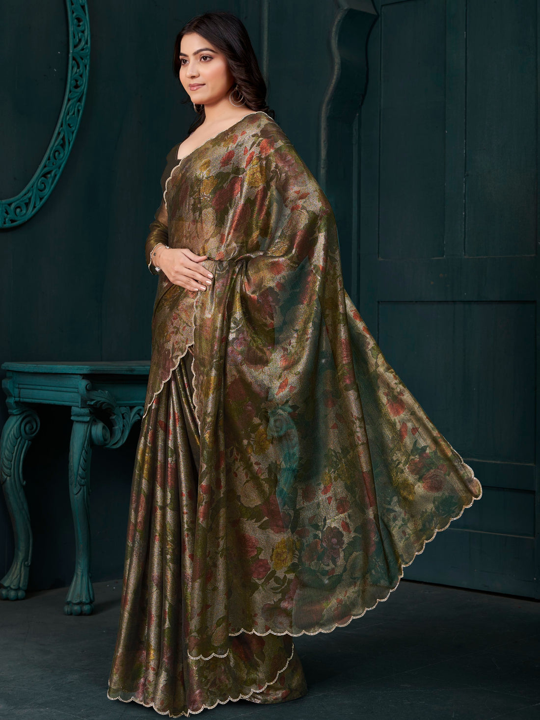 Stunning Olive Green Foil Work Silk Party Wear Saree With Blouse