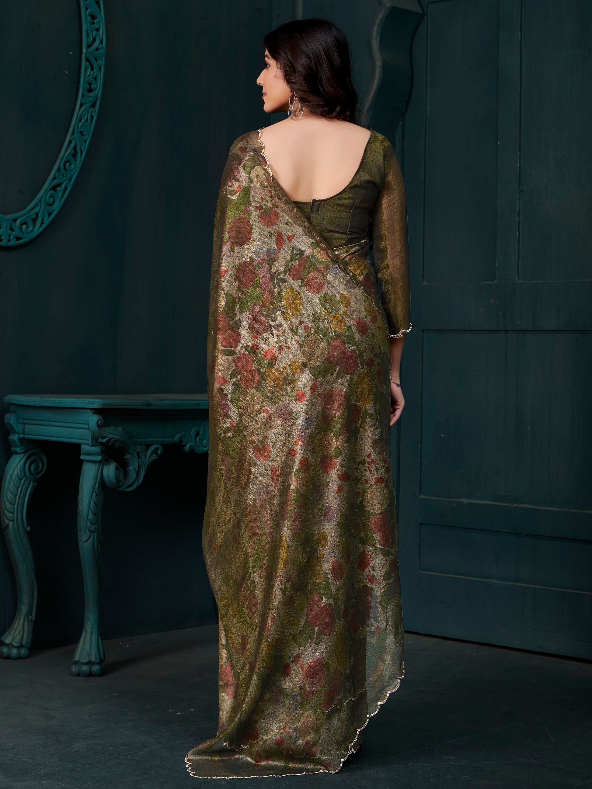 Stunning Olive Green Foil Work Silk Party Wear Saree With Blouse