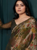 Stunning Olive Green Foil Work Silk Party Wear Saree With Blouse