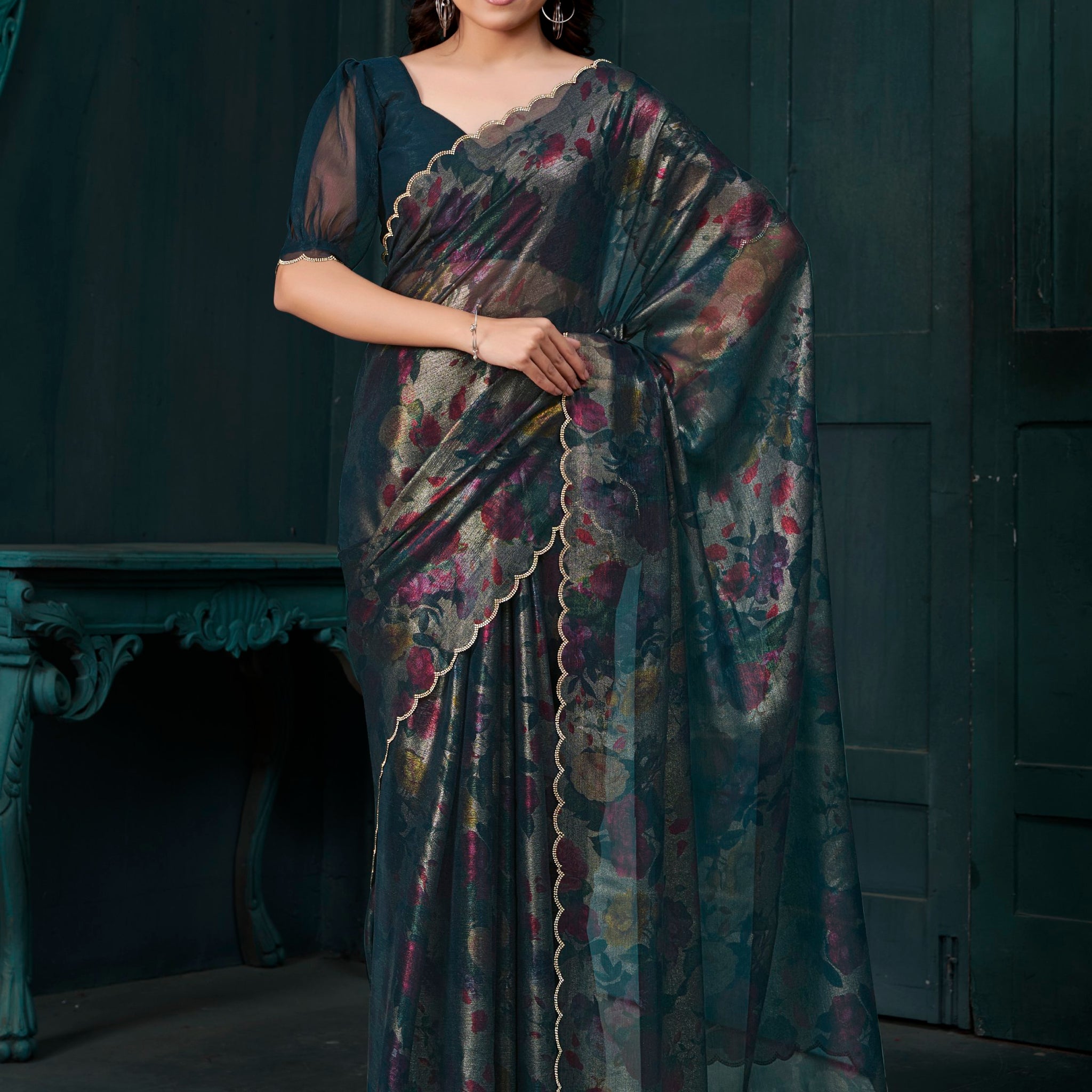 Captivating Teal Blue Foil Printed Silk Festive Wear Saree With Blouse