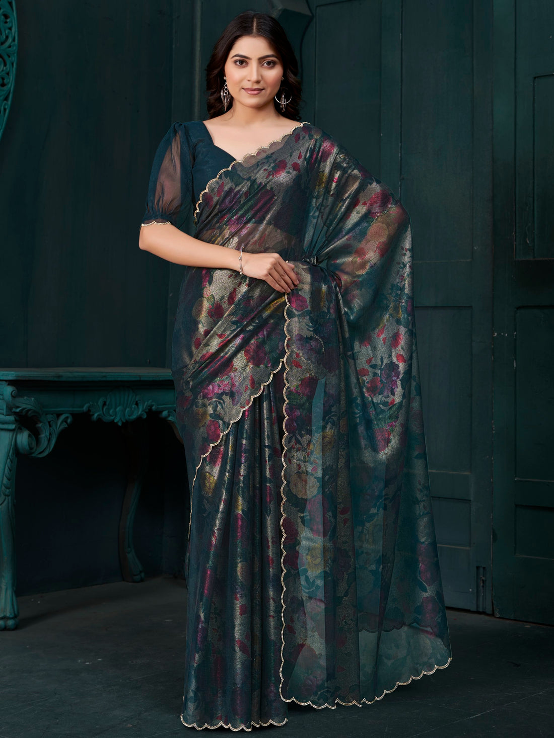 Captivating Teal Blue Foil Printed Silk Festive Wear Saree With Blouse