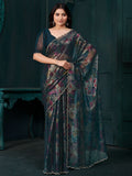 Captivating Teal Blue Foil Printed Silk Festive Wear Saree With Blouse