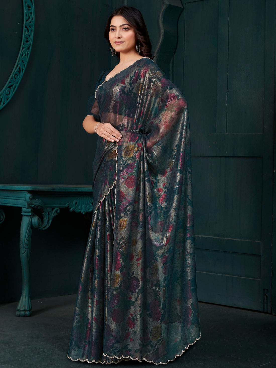 Captivating Teal Blue Foil Printed Silk Festive Wear Saree With Blouse