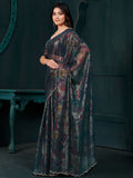 Captivating Teal Blue Foil Printed Silk Festive Wear Saree With Blouse