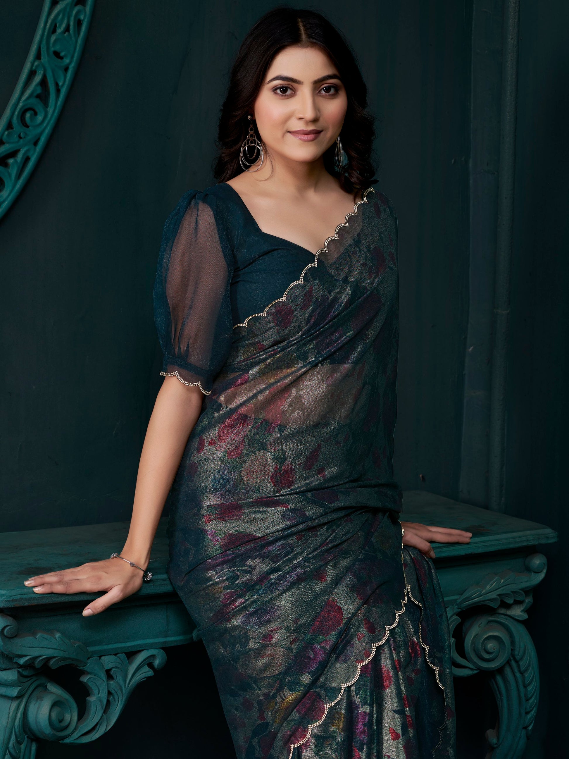 Captivating Teal Blue Foil Printed Silk Festive Wear Saree With Blouse
