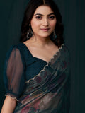Captivating Teal Blue Foil Printed Silk Festive Wear Saree With Blouse