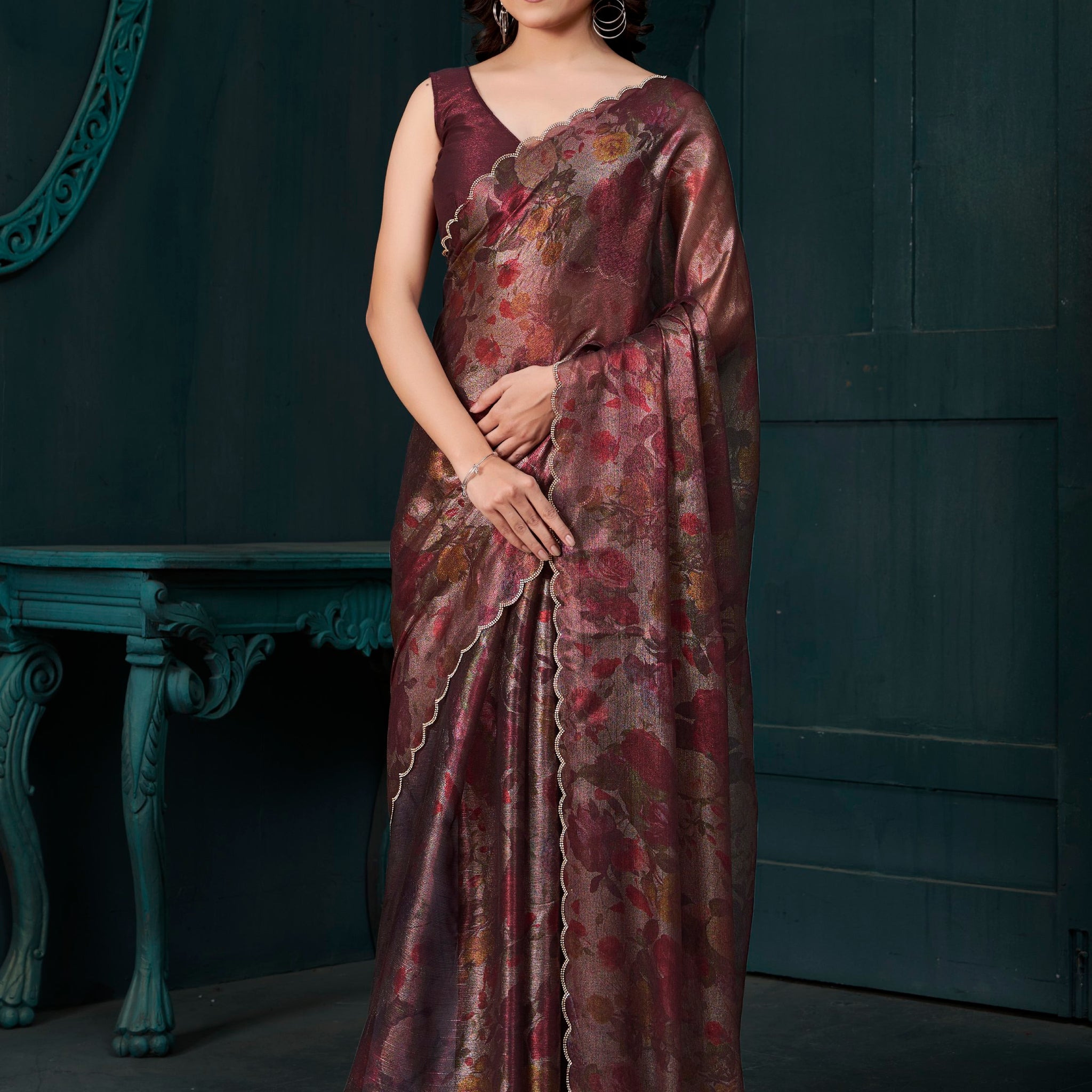 Gorgeous Wine Floral Printed Silk Evening Wear Saree With Blouse