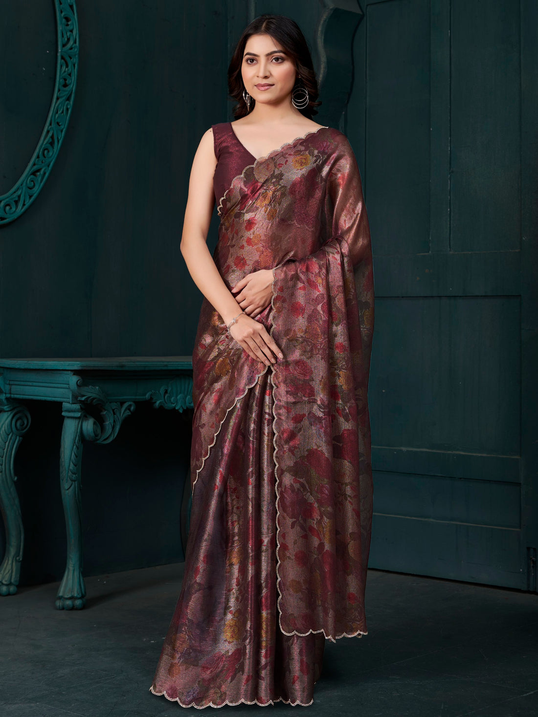 Gorgeous Wine Floral Printed Silk Evening Wear Saree With Blouse