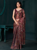 Gorgeous Wine Floral Printed Silk Evening Wear Saree With Blouse