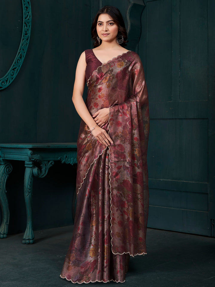 Gorgeous Wine Floral Printed Silk Evening Wear Saree With Blouse