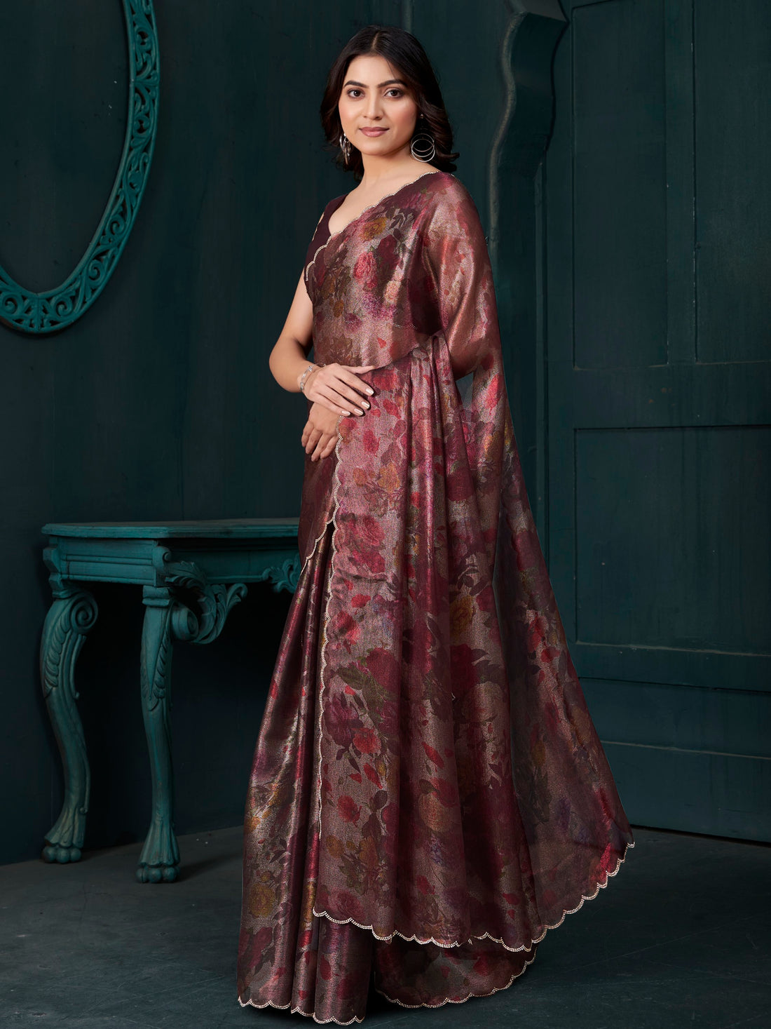Gorgeous Wine Floral Printed Silk Evening Wear Saree With Blouse