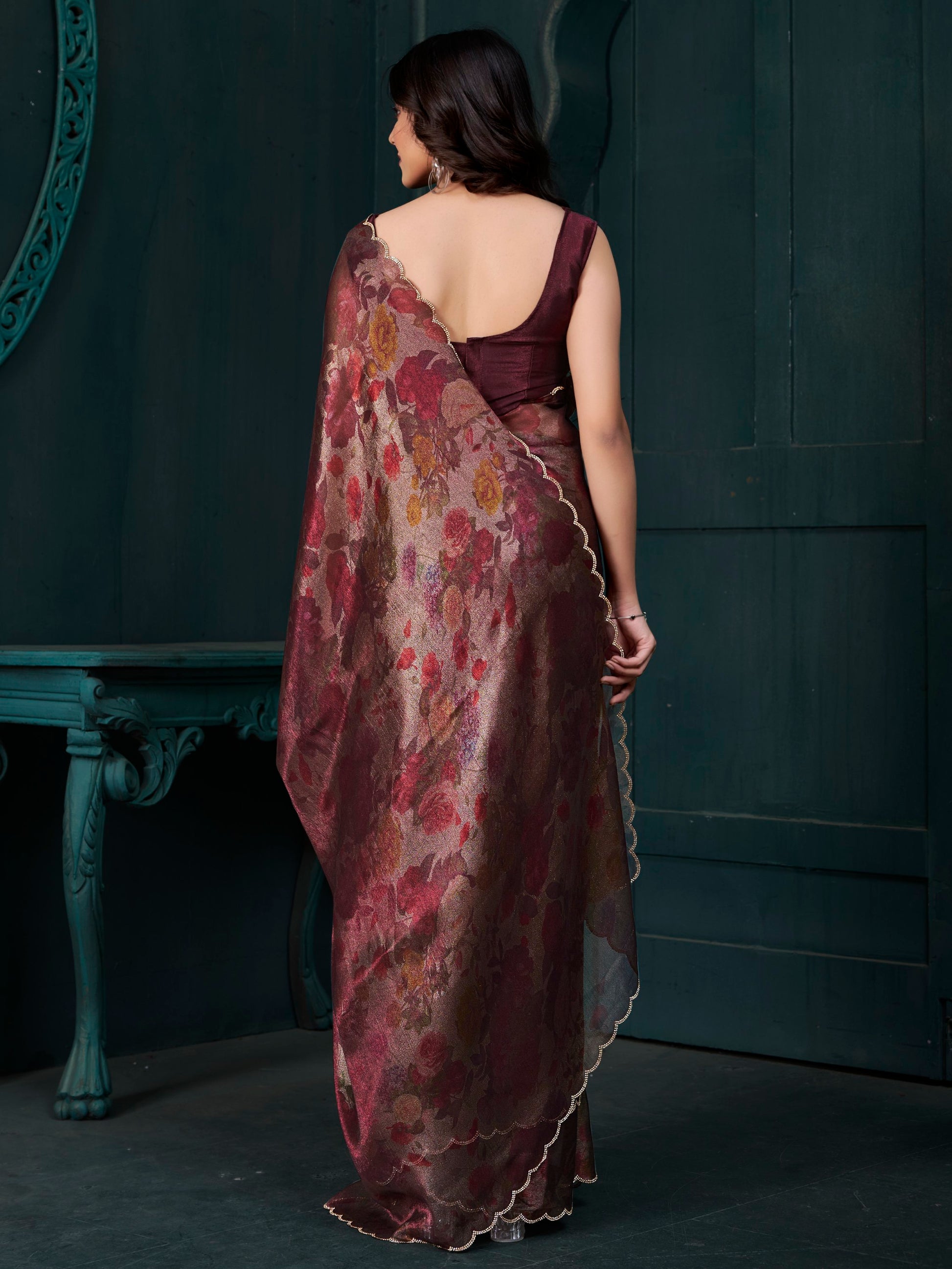 Gorgeous Wine Floral Printed Silk Evening Wear Saree With Blouse