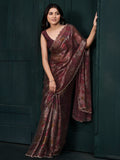 Gorgeous Wine Floral Printed Silk Evening Wear Saree With Blouse