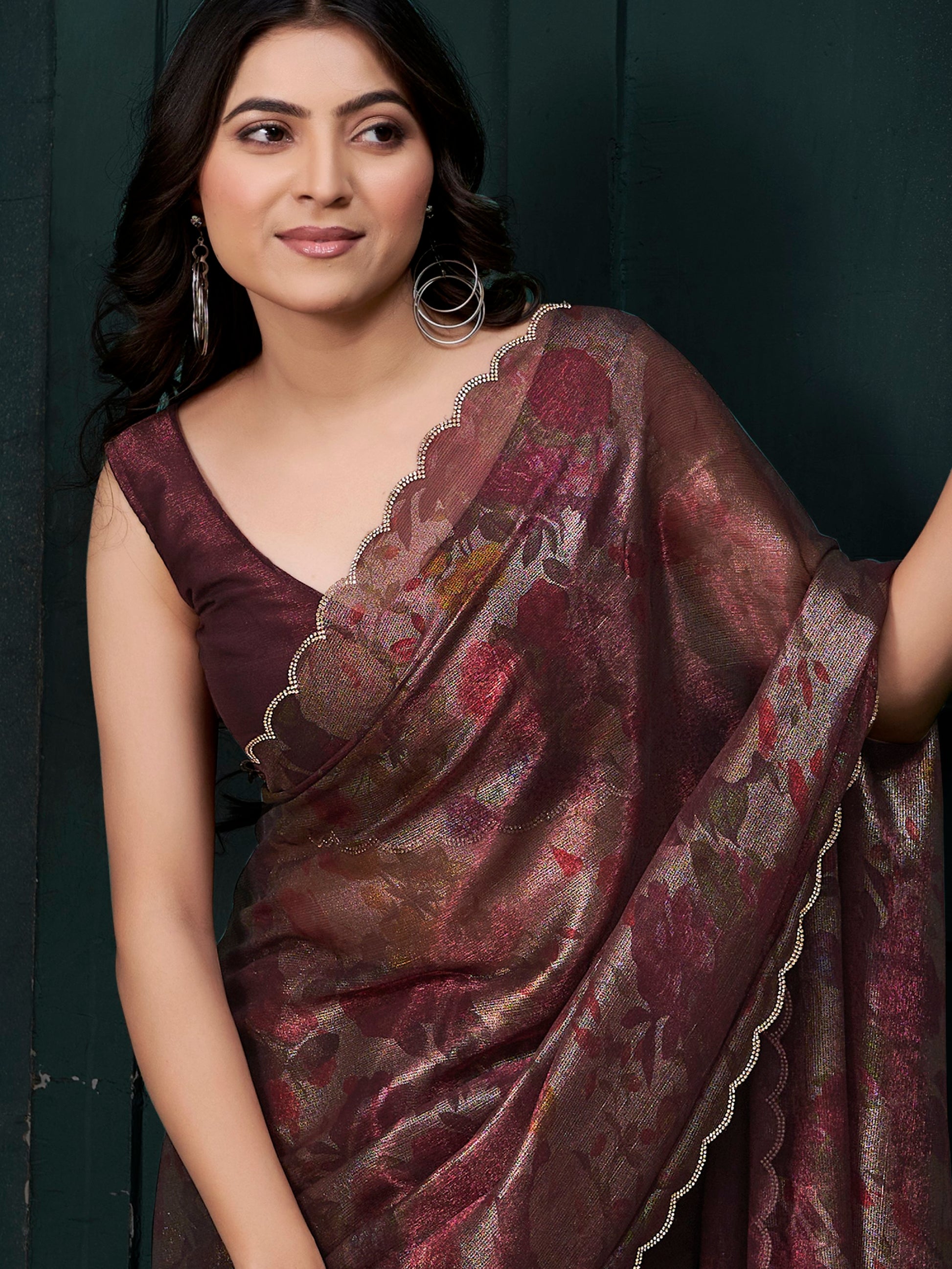 Gorgeous Wine Floral Printed Silk Evening Wear Saree With Blouse
