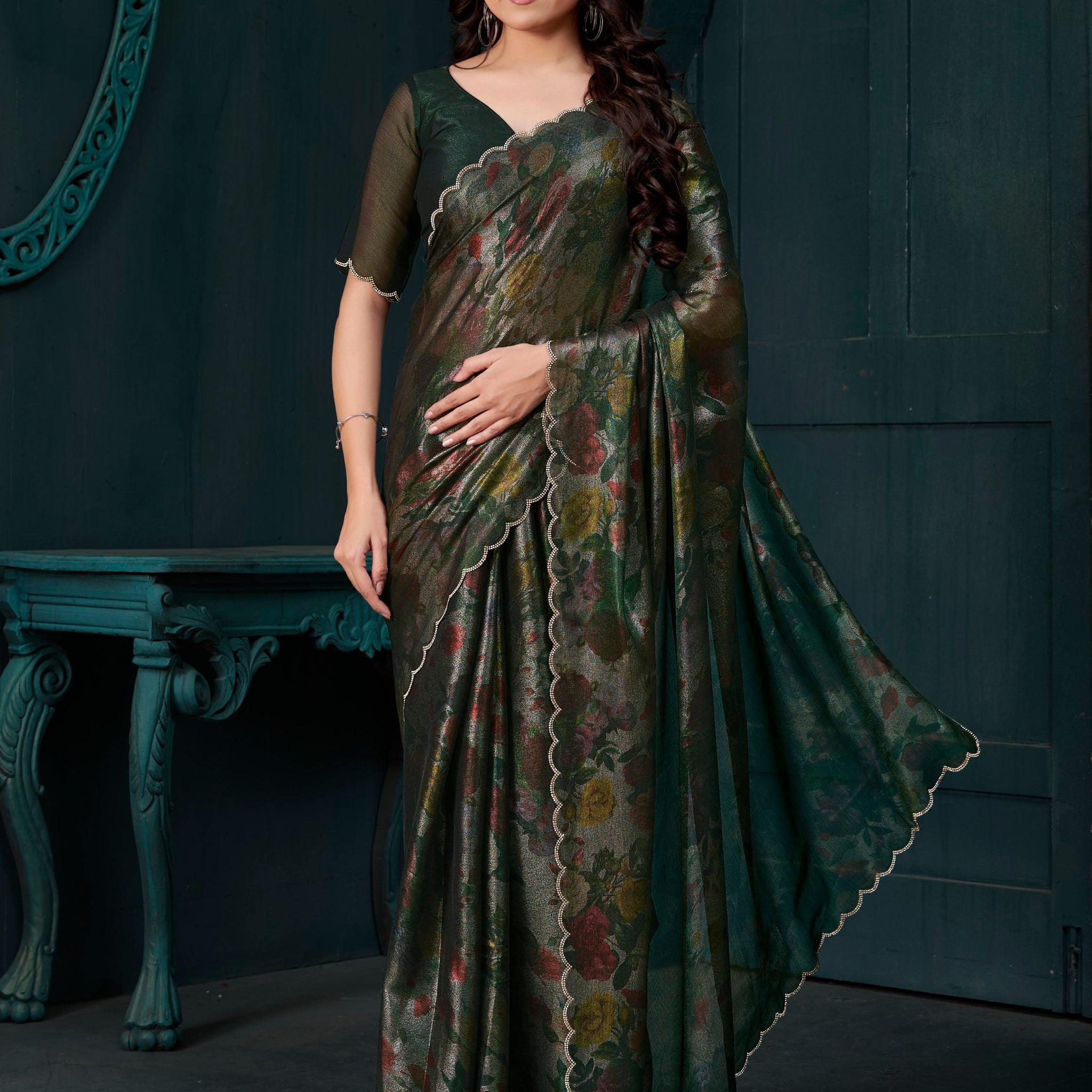 Charming Green Floral Printed Silk Designer Saree With Blouse