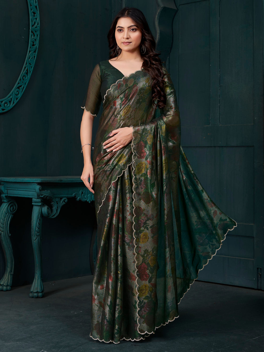 Charming Green Floral Printed Silk Designer Saree With Blouse