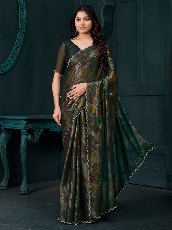 Charming Green Floral Printed Silk Designer Saree With Blouse