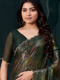 Charming Green Floral Printed Silk Designer Saree With Blouse