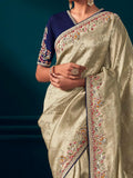 Fantastic Beige Embroidered Kanjivaram Silk Wedding Wear Saree