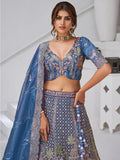 Charming Navy Blue Zari Embroidered Organza Engagement Wear Lehenga Choli