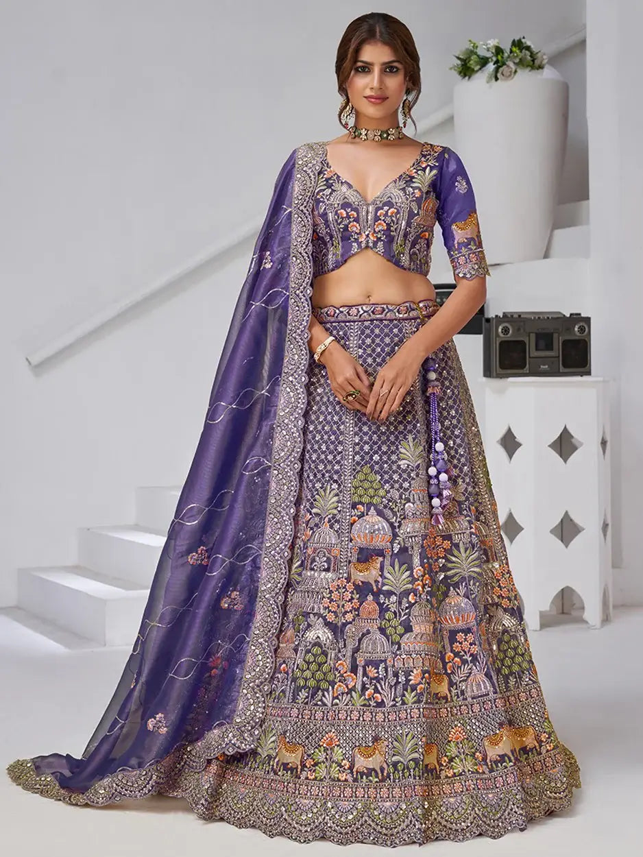Tremendous Purple Resham Work Organza Reception Wear Lehenga With Blouse