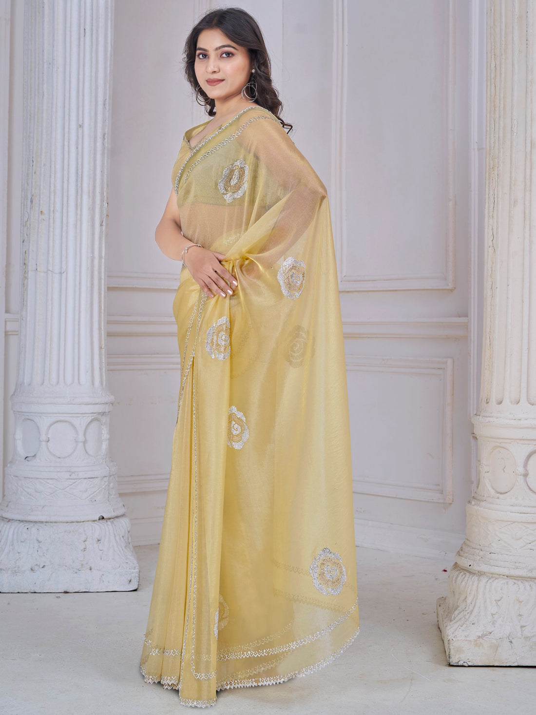 Beautiful Yellow Jarkan Work Organza Festive Wear Saree With Blouse
