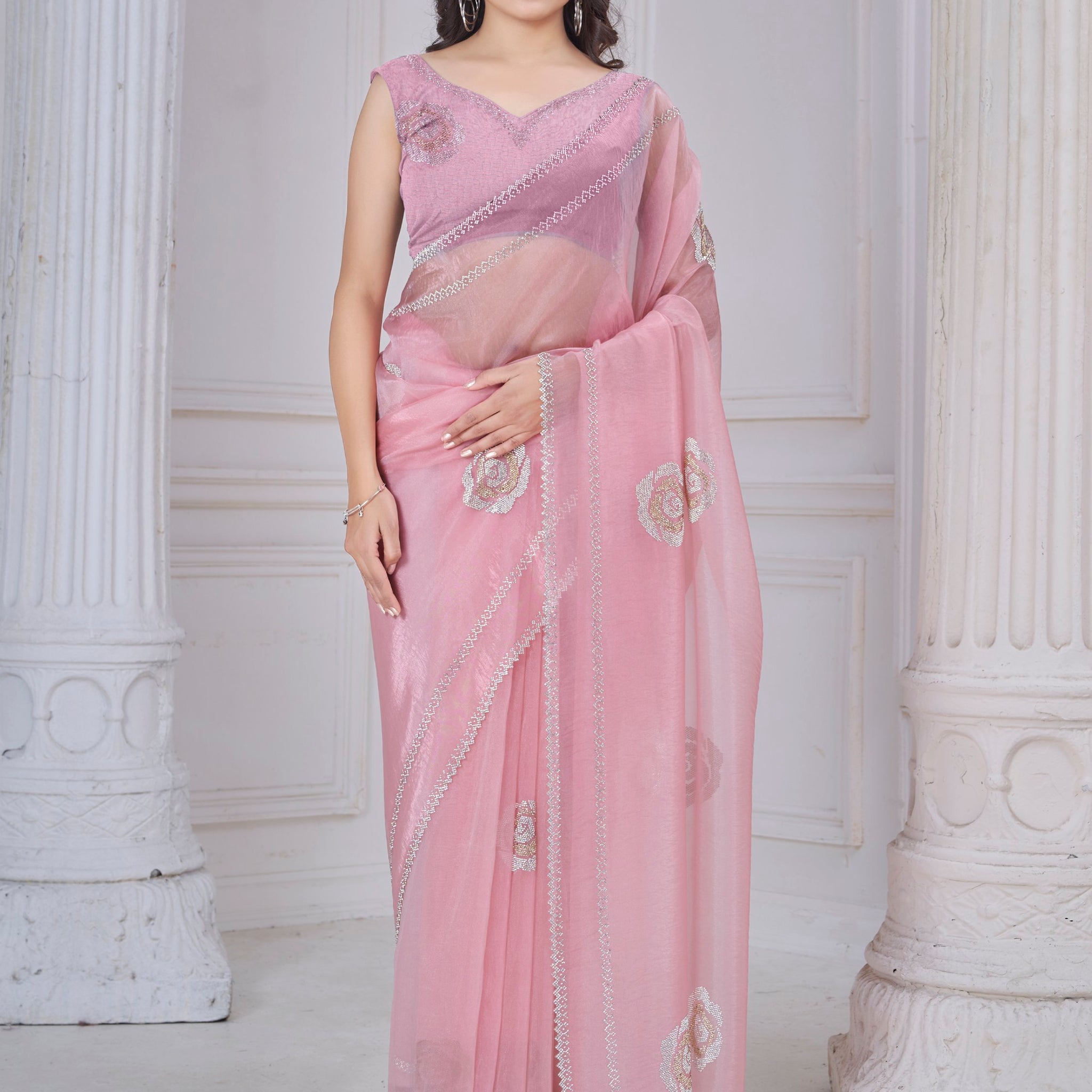 Pretty Baby Pink Jarkan Work Organza Designer Saree With Blouse