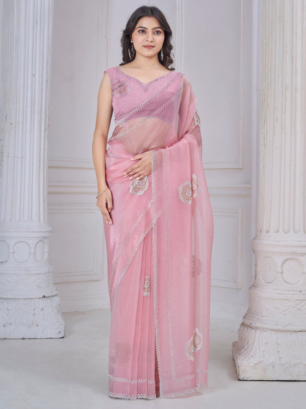 Pretty Baby Pink Jarkan Work Organza Designer Saree With Blouse