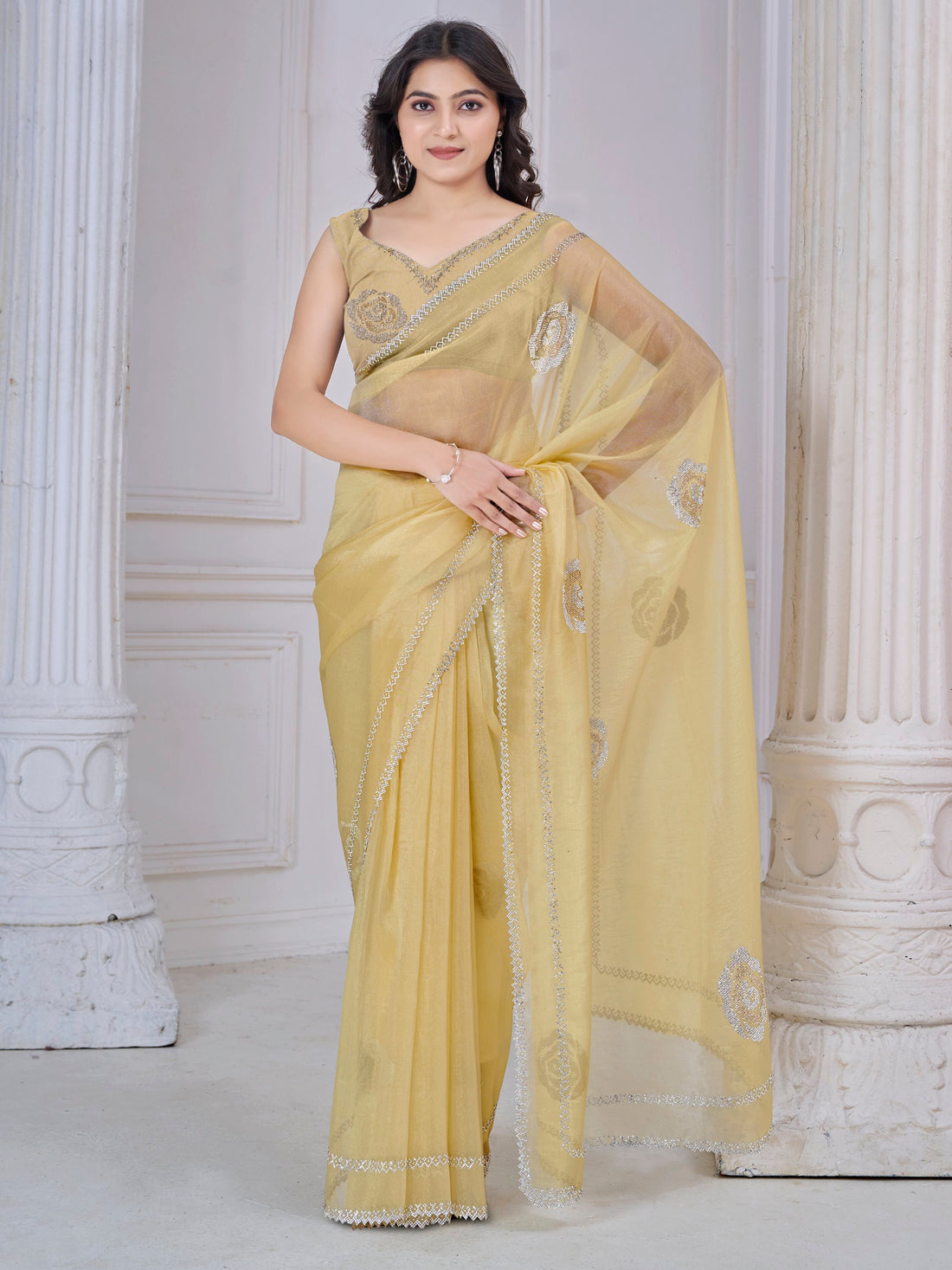 Beautiful Yellow Jarkan Work Organza Festive Wear Saree With Blouse
