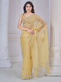 Beautiful Yellow Jarkan Work Organza Festive Wear Saree With Blouse